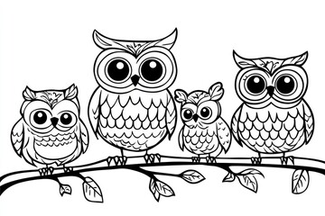 Fototapeta premium Delightful owl family awaits little artists in this charming coloring book design perfect for kids' creative fun and imaginative playtime