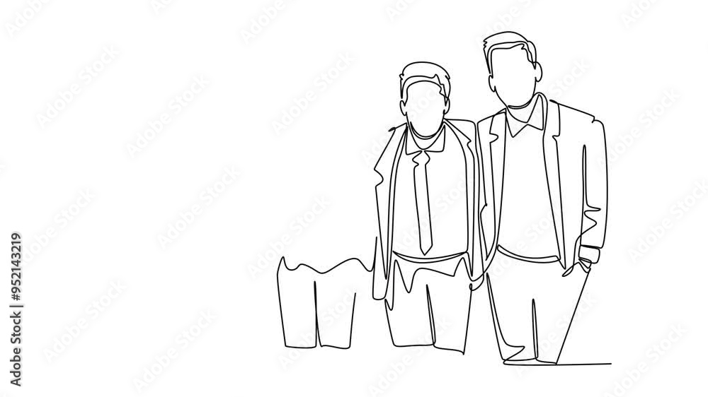 Poster self drawing animation of single line draw happy male team member cheering together and hugging each