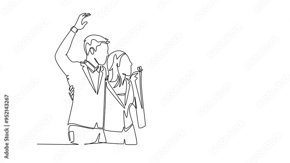 Aufkleber self drawing animation of single line draw young happy male and female manager standing together and