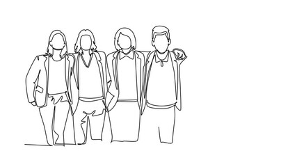 Animated self drawing of continuous line friends forever. Hugging happy friendship with boys and girls standing together. Group of friends, men, women good relationship. Full length one line animation