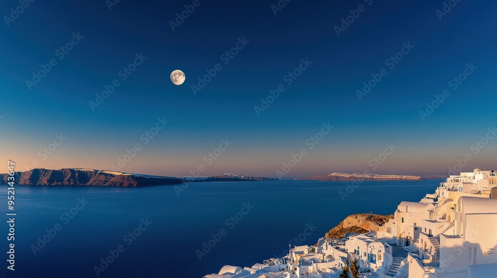 Wall mural the panoramic view of santorini white-washed buildings overlooking the deep blue aegean sea, greece 