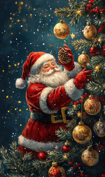 Professional retro vintage postcard illustration painting with a traditional Christmas decoration and colorful creative Christmas theme