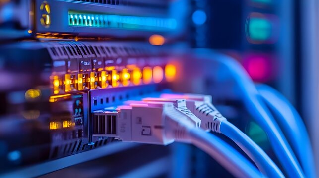 Photograph showcasing various network security appliances such as firewalls switches and routers installed in a sleek and organized data center environment
