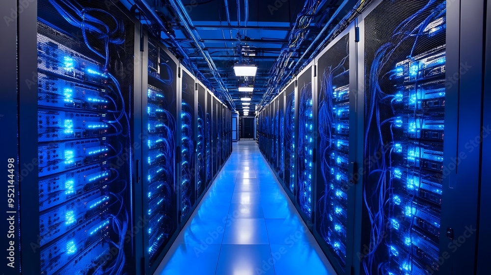 Poster neatly arranged network cabling and management systems in a high tech data center facility providing