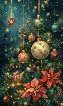 Professional retro vintage postcard illustration painting with a traditional Christmas decoration and colorful creative Christmas theme