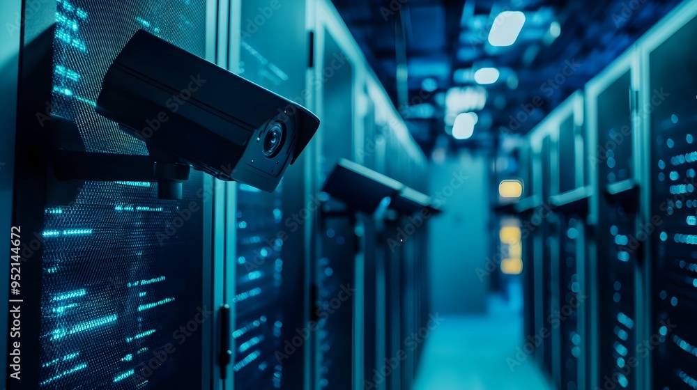 Poster surveillance mounted on the ceiling of a data center control room monitoring the servers and network