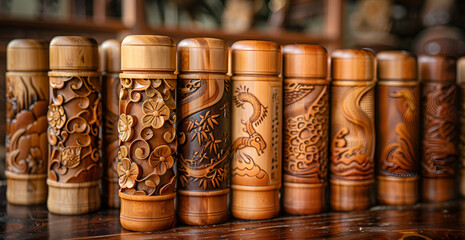 a group of nine wooden salt and pepper shakers arranged in a row on a wooden surface. 