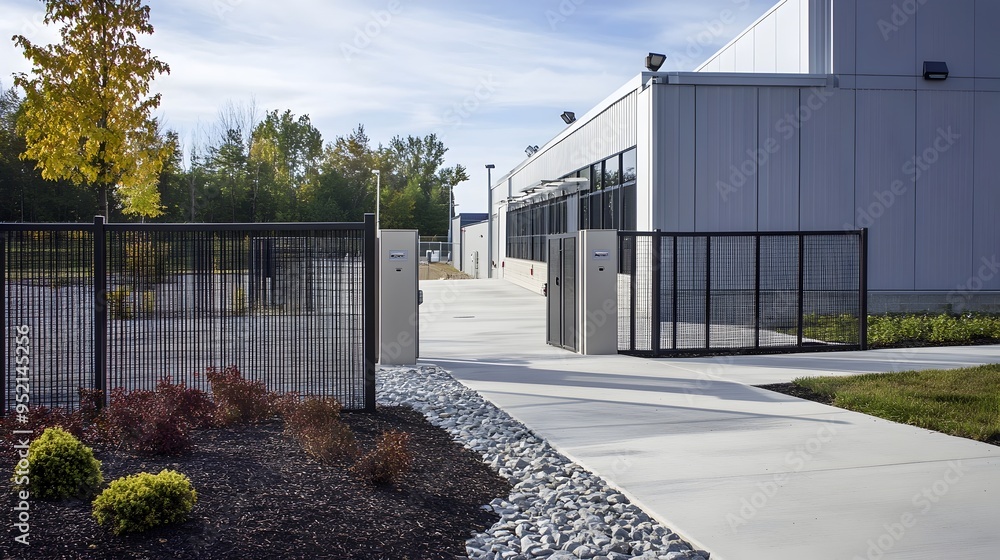 Poster photograph showcasing the physical security barriers and infrastructure surrounding a data center fa
