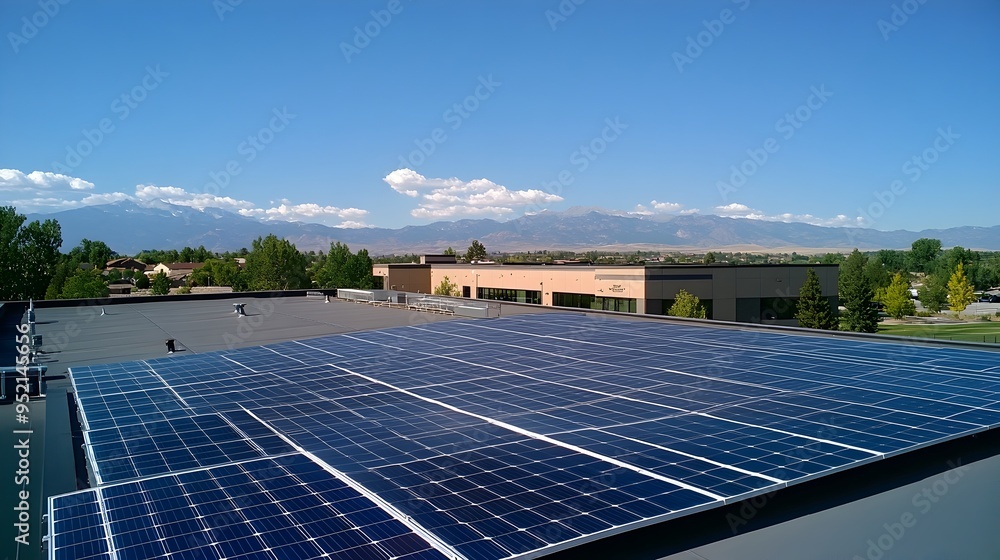 Poster aerial view of a modern data center with rows of solar panels covering the rooftop generating renewa