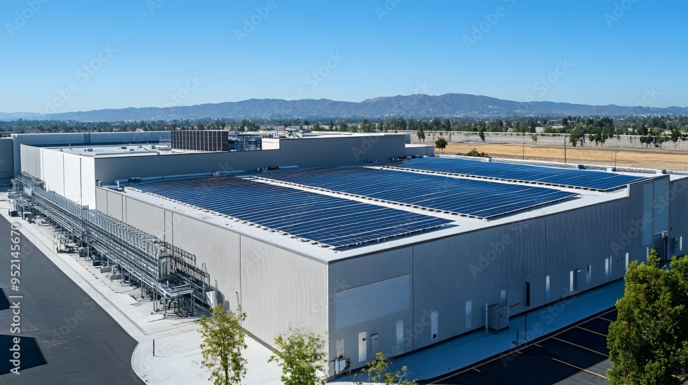 Poster a modern data center with a rooftop covered in solar panels harnessing renewable energy to power its