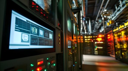 Photograph showcasing the security alert systems and monitoring equipment within a highly secure and technologically advanced data center facility