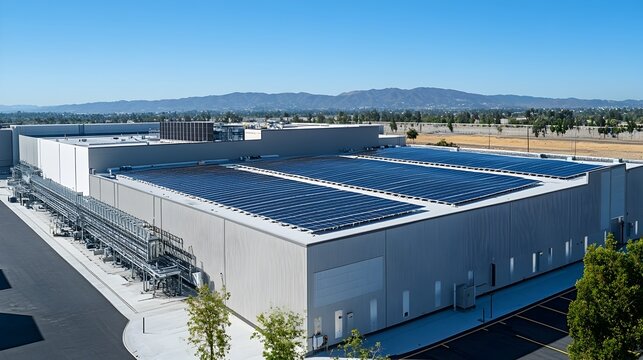 A modern data center with a rooftop covered in solar panels harnessing renewable energy to power its computing and storage infrastructure