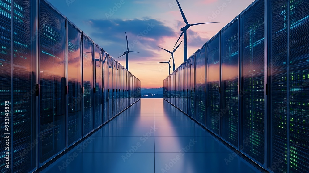 Poster sustainable data center facility with wind turbines generating clean renewable energy to power the a