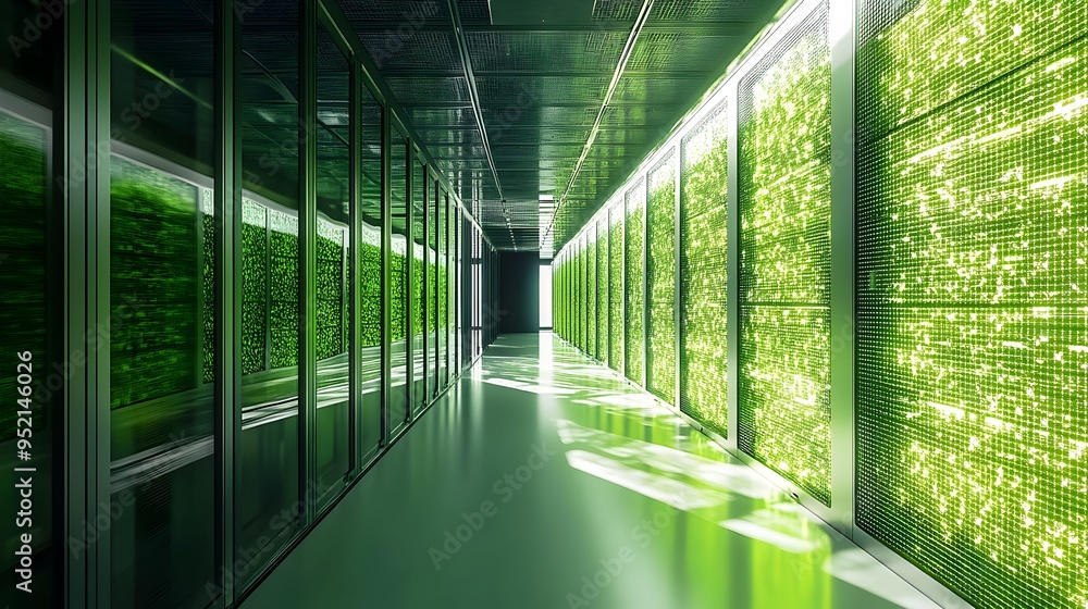 Poster eco friendly green data center utilizing natural lighting for energy efficient computing and sustain