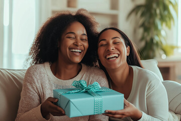 Two women are laughing and holding a blue gift box