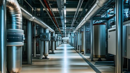Fototapeta premium Efficient Data Center Harnessing Geothermal Cooling for Sustainable The image showcases a modern data center facility utilizing geothermal energy technology to power its cooling systems
