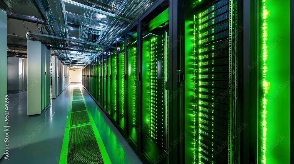 Poster rows of energy efficient server racks housed in a modern environmentally friendly data center showca
