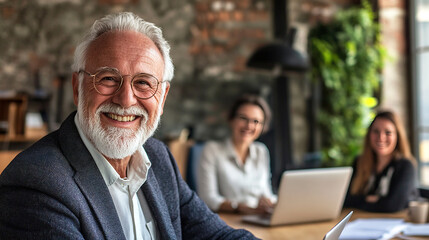 Happy senior man portrait and laptop with team