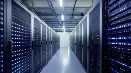 A modern data center facility powered entirely by renewable energy sources like solar panels and wind turbines showcasing a sustainable and eco friendly approach to digital infrastructure