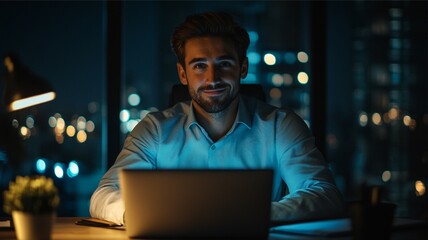Image of a male businessman working late at night on a laptop in a private office. He looks at the camera with a smile, reflecting dedication, professionalism, and a positive attitude despite the late