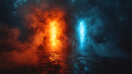 Obraz premium An image depicting the concept of life's choices, with two doors emitting smoke and light, symbolizing the decision-making process and the uncertainty of one's chosen path.