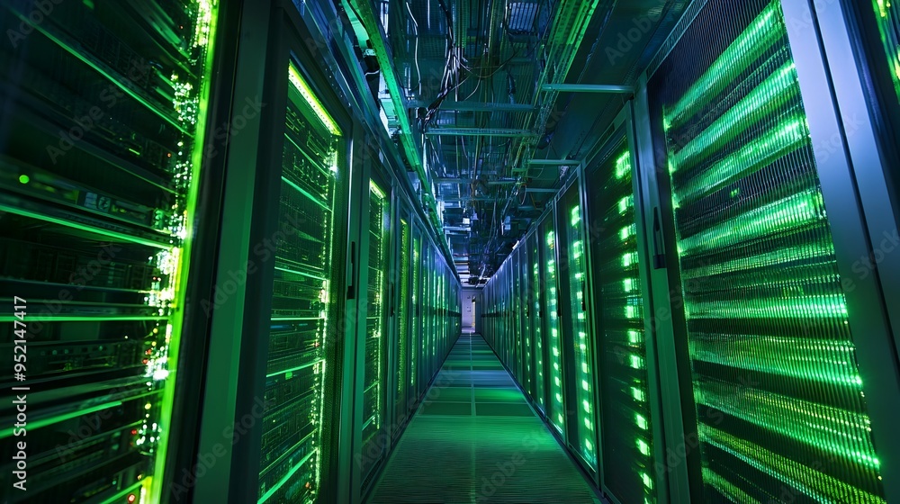 Aufkleber energy efficient server racks in a modern green data center with clean sustainable infrastructure an