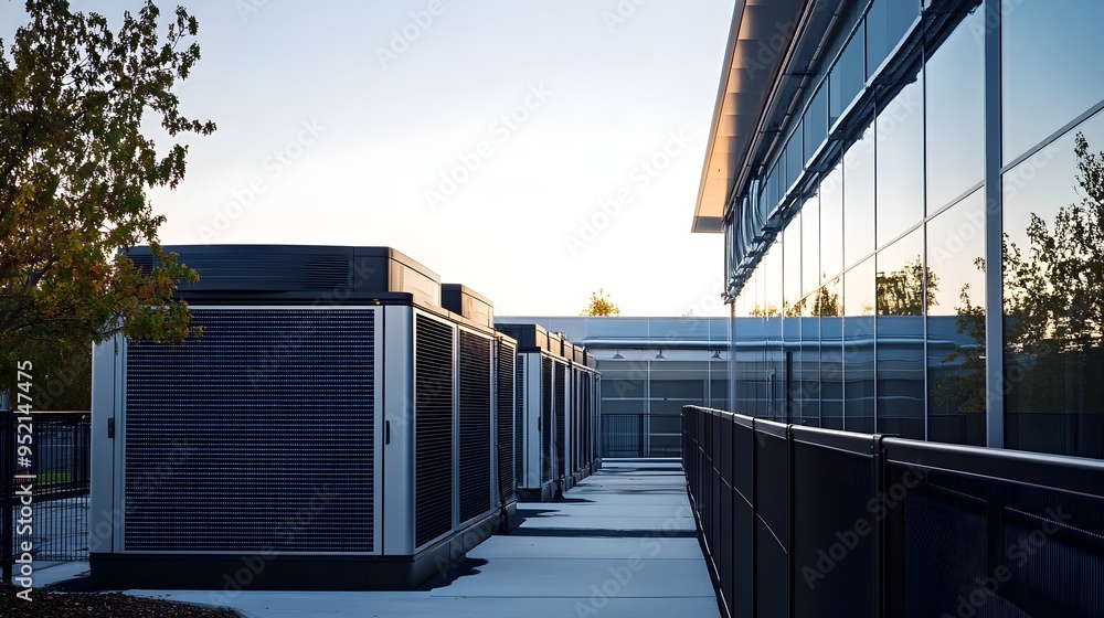 Poster aerial view of a modern energy efficient data center featuring advanced rainwater harvesting systems