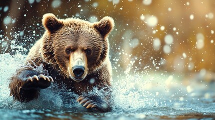 Obraz premium A majestic bear splashes through the water, showcasing its strength and beauty in a natural setting. Perfect for wildlife photography enthusiasts.