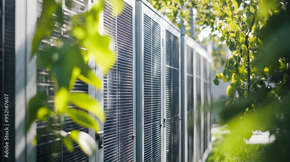 Poster photograph showcasing a modern data center facility that is implementing carbon offset programs and 
