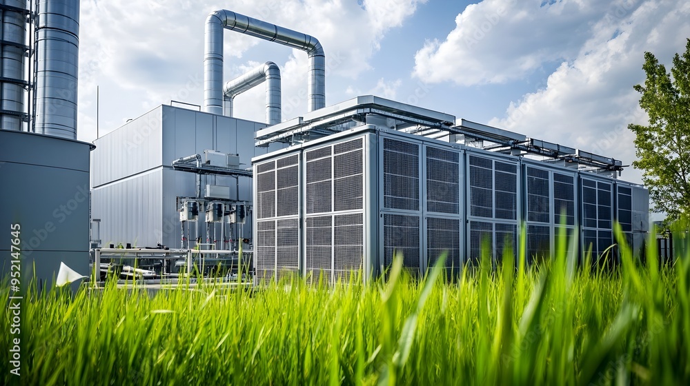 Poster photograph of a modern data center facility implementing comprehensive carbon offset programs and su