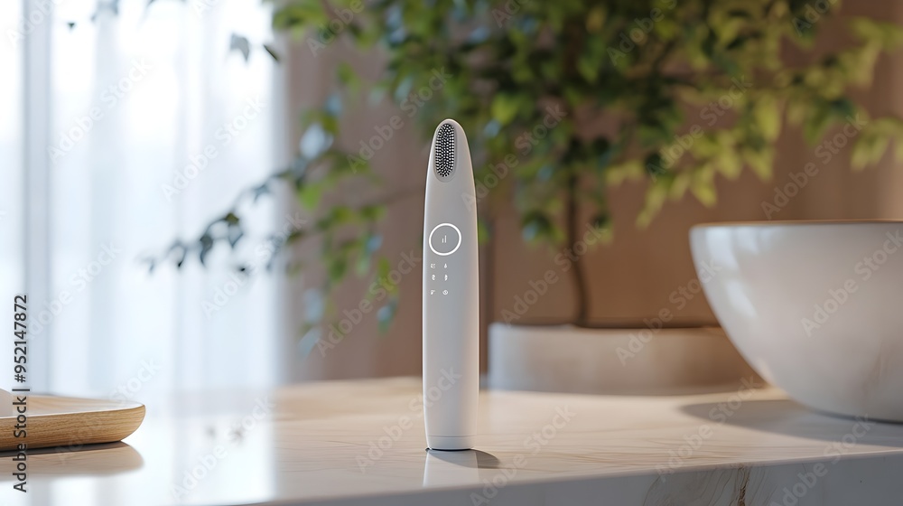 Poster photograph of a sleek and innovative smart skincare applicator with a digital control interface rest