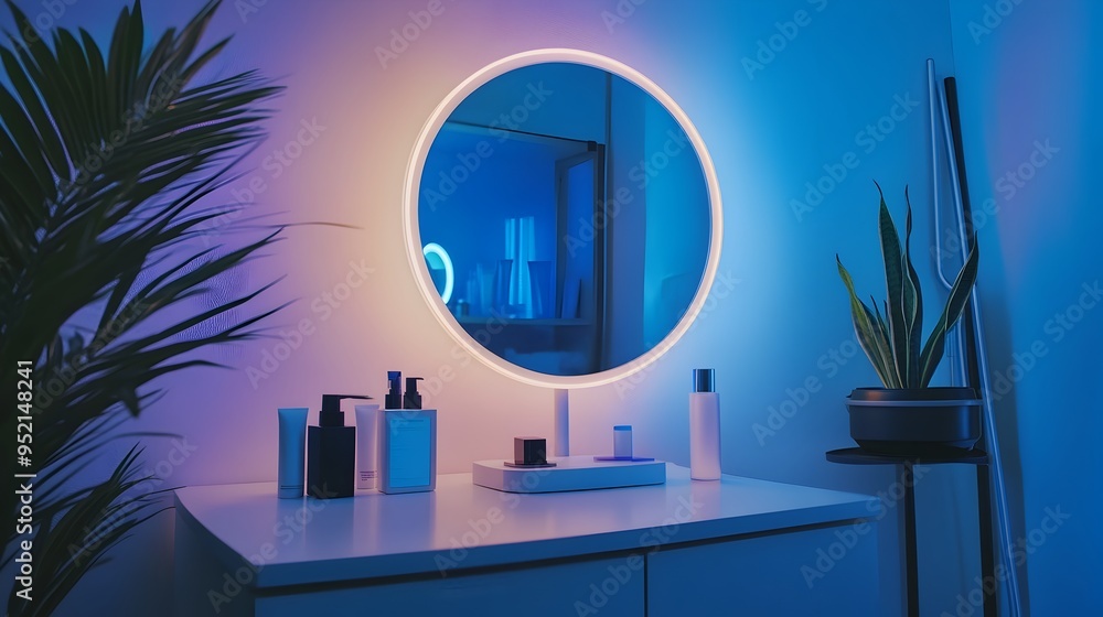 Poster sleek and modern smart mirror with built in skincare analysis features providing personalized data a