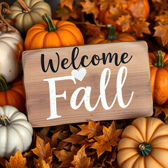 Rustic welcome sign among colorful pumpkins and autumn leaves in fall