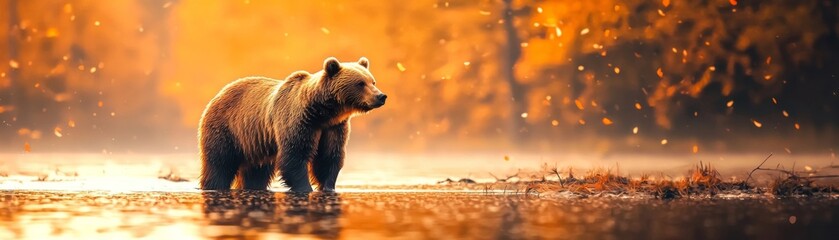 Obraz premium A majestic bear stands in tranquil waters, surrounded by vibrant autumn foliage, capturing the essence of nature's beauty.