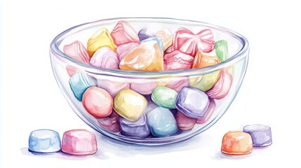 Sweet Candy Bowl Illustration with Assorted Treats and Whimsical Style