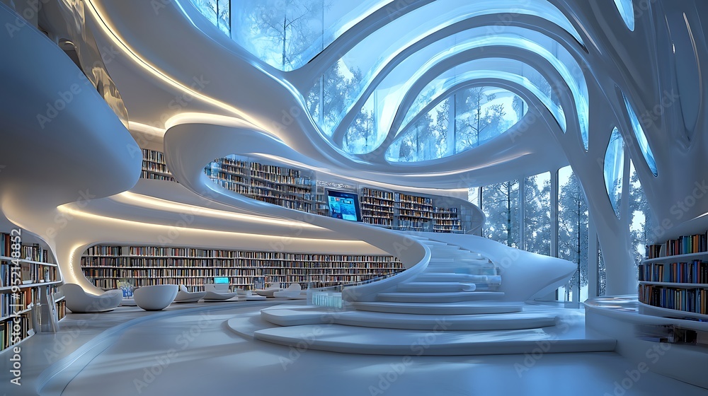 Poster futuristic library equipped with holographic books and immersive learning spaces.