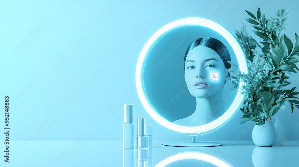 Poster a futuristic and high tech digital mirror displaying personalized skincare advice and product inform
