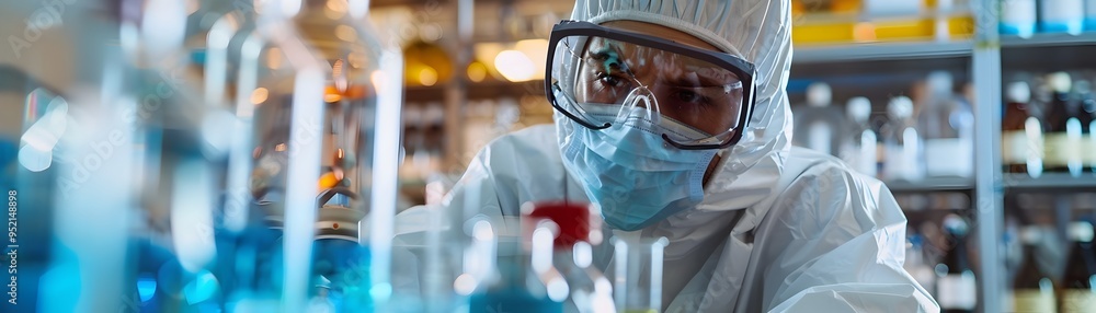 Poster scientist in protective gear working on carbon reduction projects in eco friendly lab with high tech