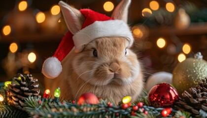 Adorable bunny wearing a Santa hat surrounded by Christmas lights and decorations, perfect holiday festive scene.