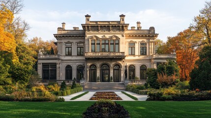 A grand mansion surrounded by lush gardens and autumn foliage.
