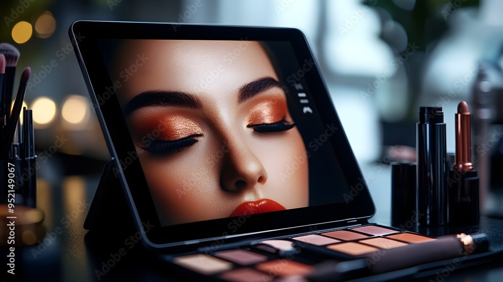 Poster a digital makeup application simulator displayed on a tablet device allowing users to virtually expe