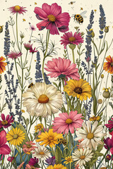 Detailed sketch of garden flowers and bees in a lush, repeating pattern.