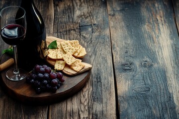Fototapeta premium Composition with wine and snack on wooden background generative ai