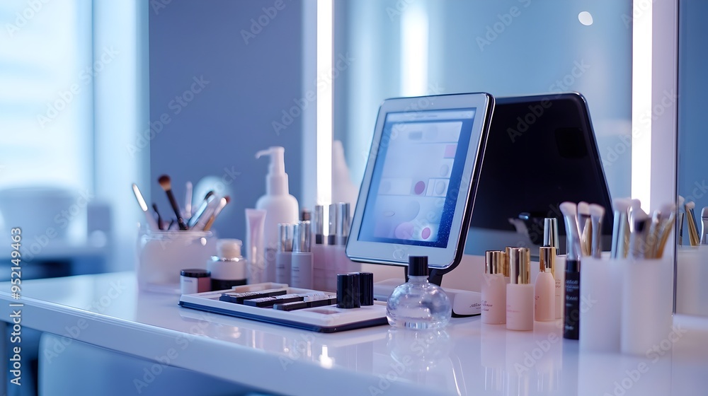 Poster sleek and sophisticated digital cosmetics station featuring an array of cutting edge smart tools for