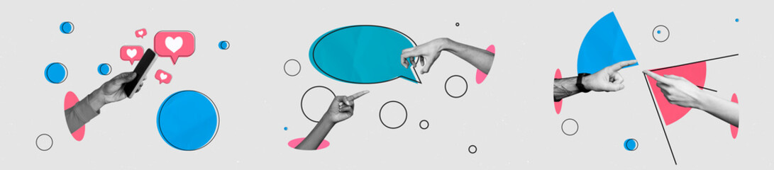 Creative trend collage panorama of hands speech bubble social media icon notification connection...