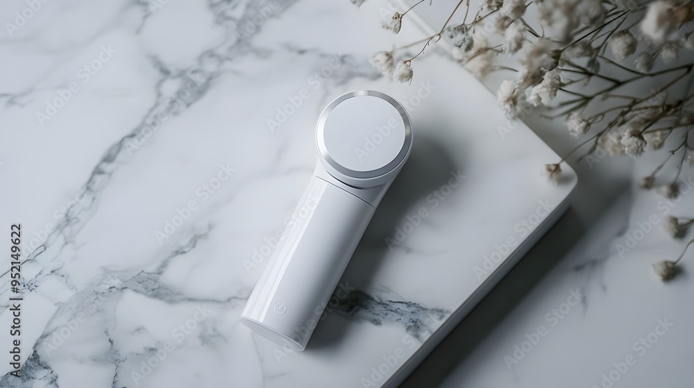 Poster photograph of a sleek and modern smart skincare applicator with intuitive digital controls and a con