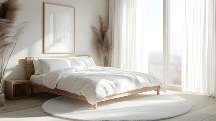Minimalist bedroom, Scandinavian design, light wooden bed frame, crisp white bedding, fluffy white area rug, white wooden flooring, sheer white curtains, natural sunlight.