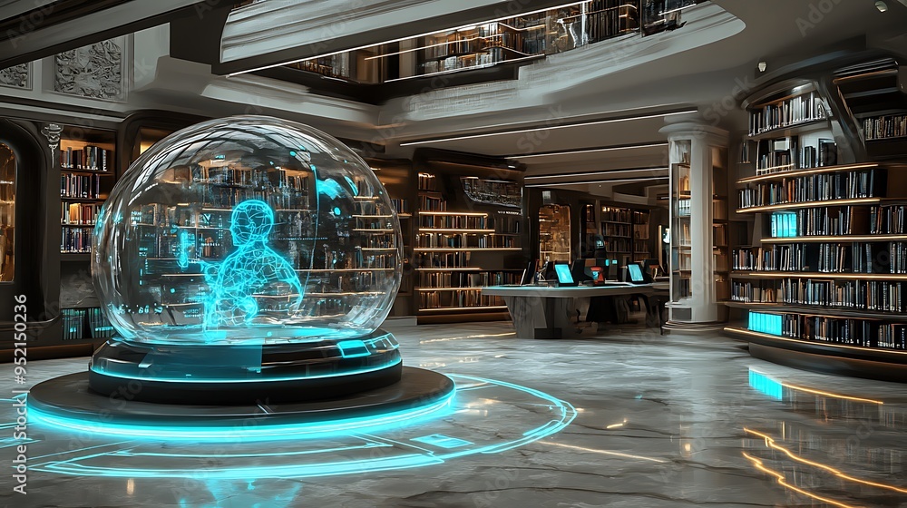 Poster futuristic library with interactive spaces and holographic book collections.
