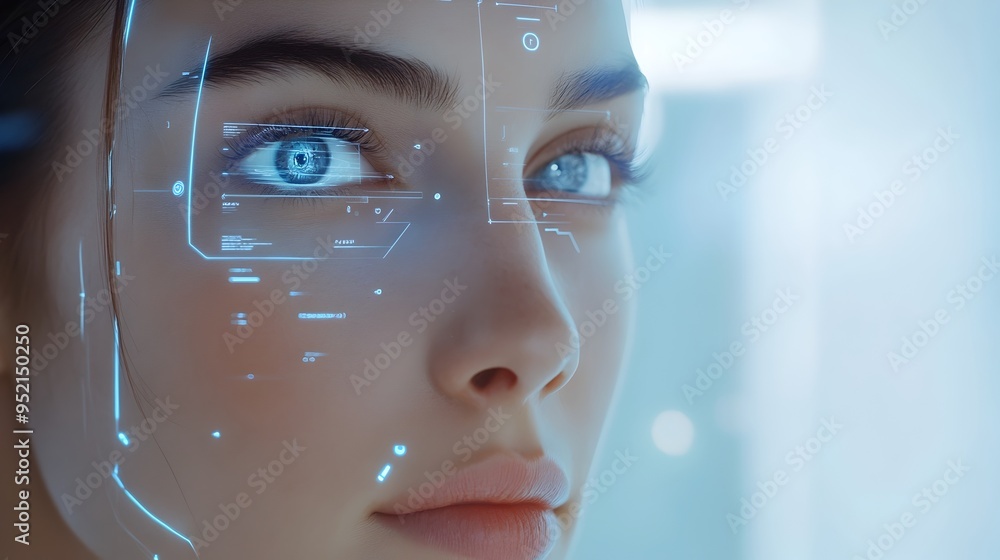 Poster futuristic digital mirror with a sleek glass interface displaying personalized skincare advice and d