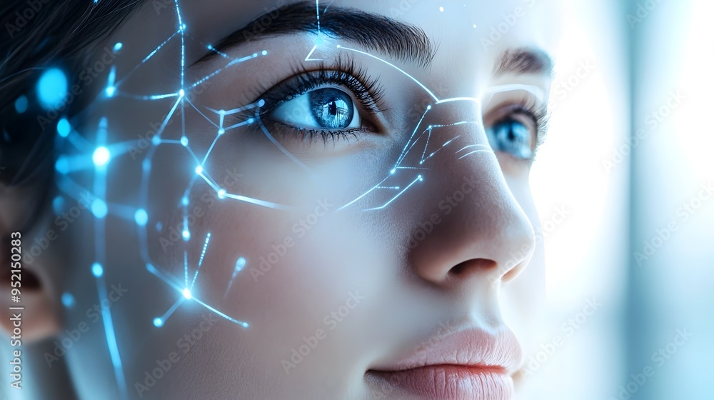 Poster futuristic digital mirror showcasing a sleek minimalist interface that displays personalized skincar
